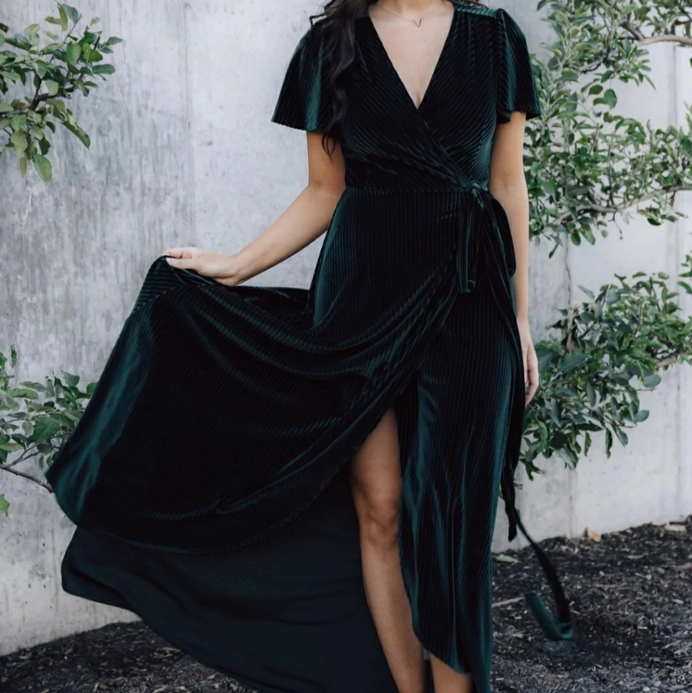 Emerald green, ribbed wrap dress
